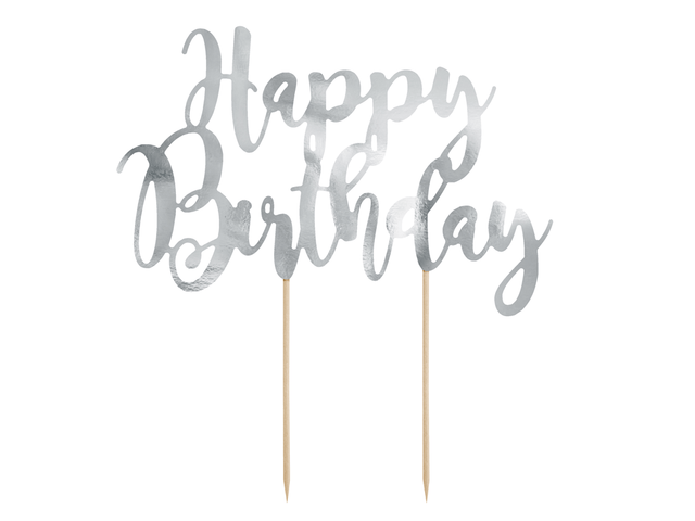Topper pastel Happy Birthday plateado